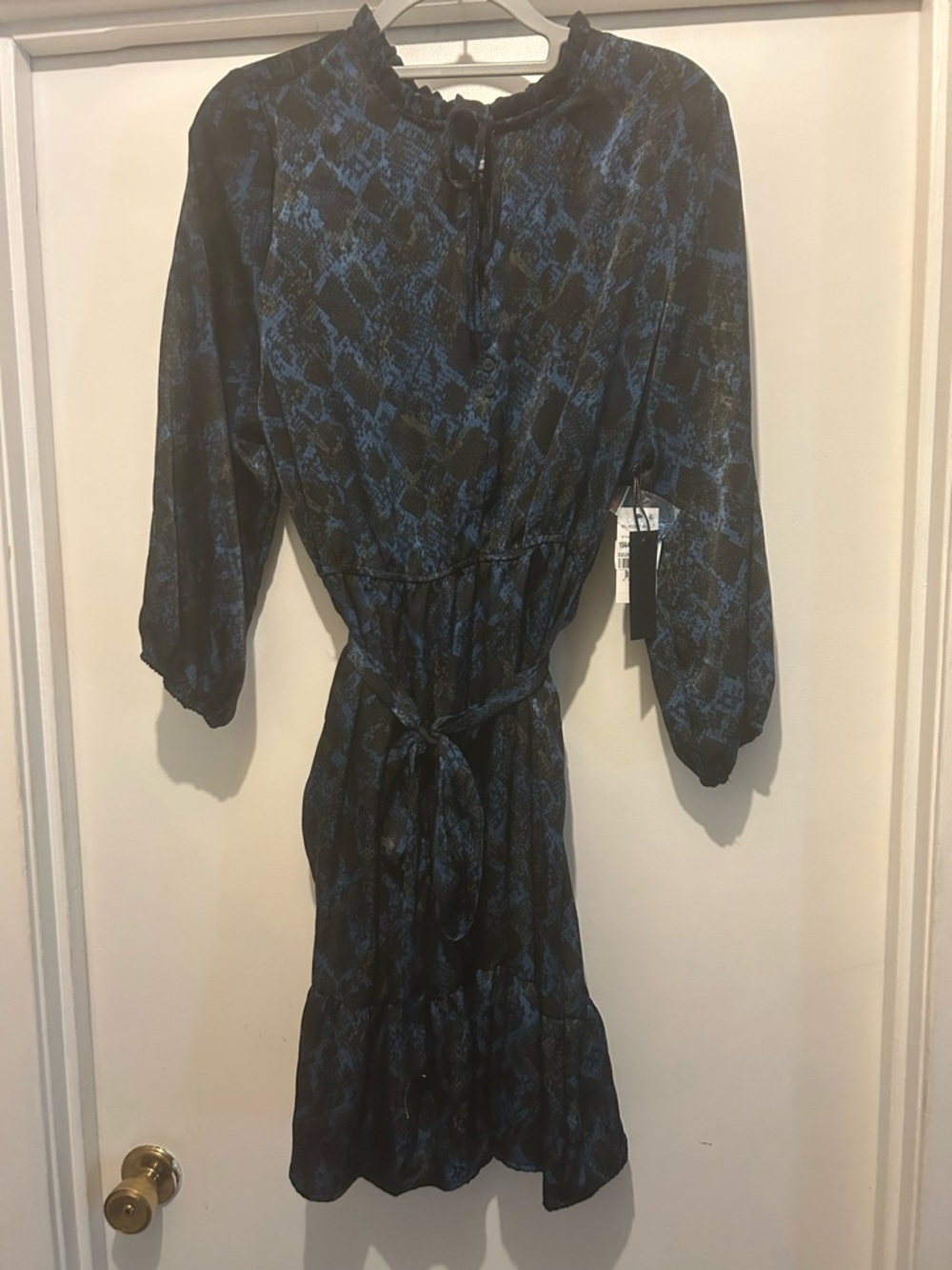 Black Tape_ Blue and Black Snakeskin Tie-Waist Midi Dress